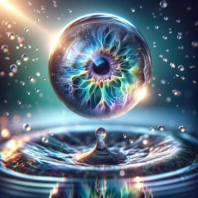 The primary subject of the image is a large, colorful, and oddly shaped eye floating in a blue, water-like substance. The eye appears to be the main focus of the image, and it is surrounded by a blue, watery environment. The visual style of the image is digital art, as it is a computer-generated or digitally manipulated image. The dominant colors in the image are blue and green, creating a serene and calming atmosphere.